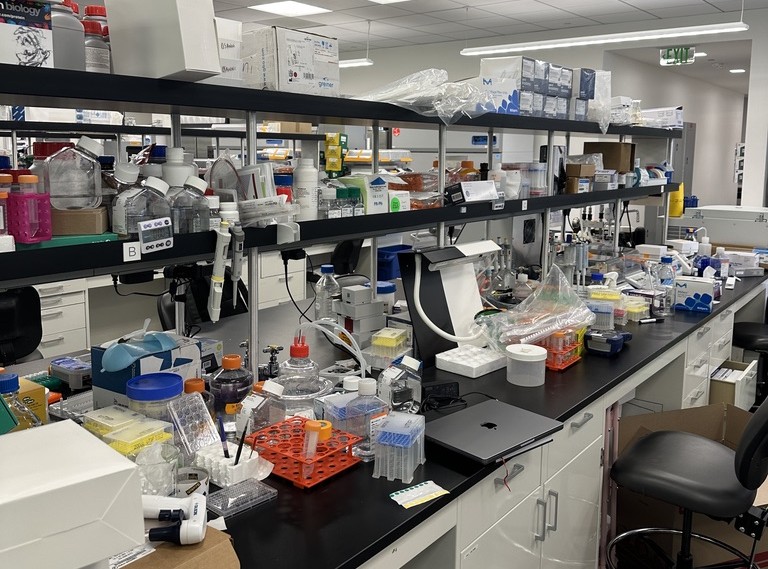 Laboratory bench with instruments, reagents and consumables staged for relocation